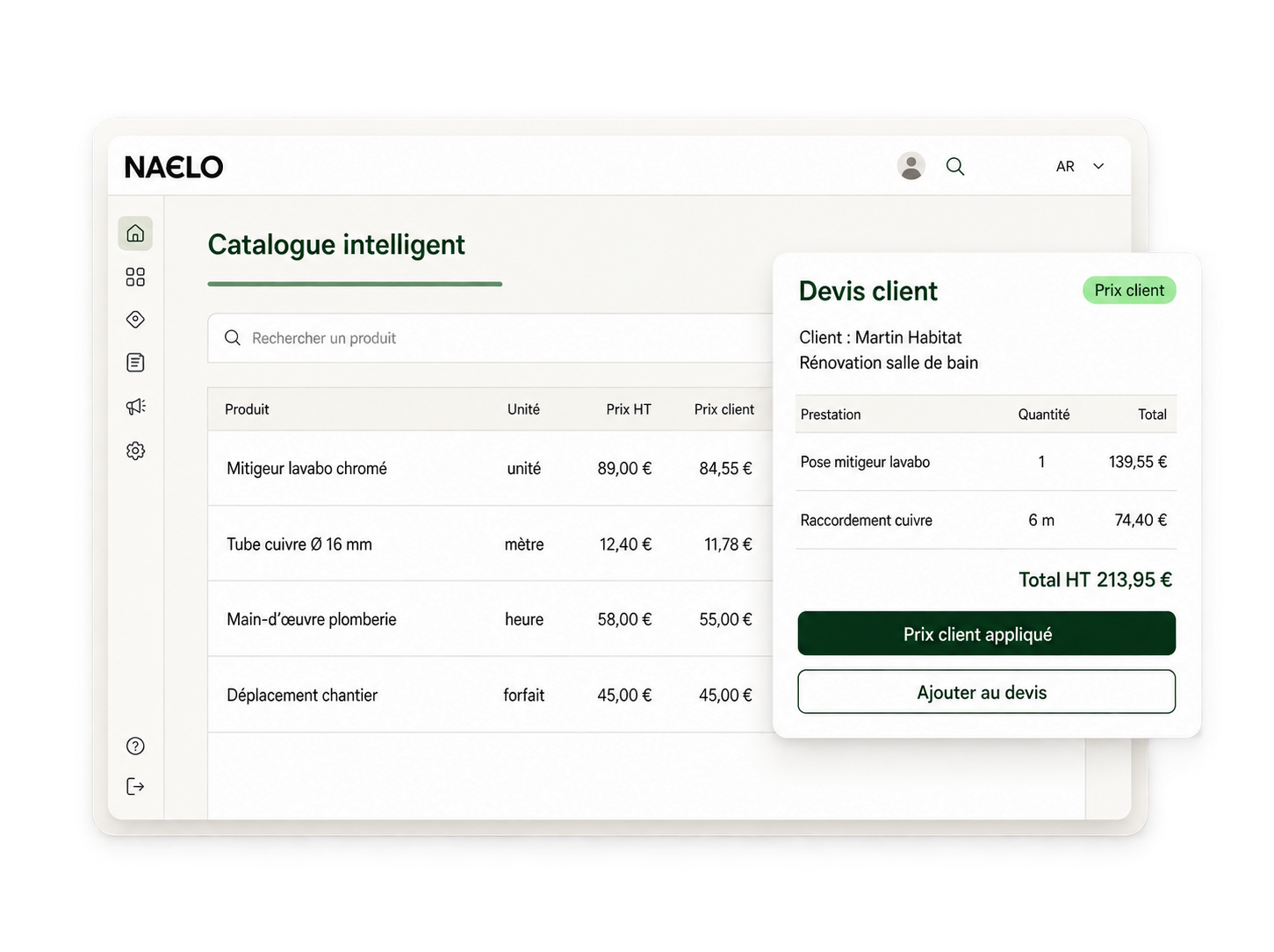 Illustration du catalogue intelligent et d’un devis avec prix client dans Naelo