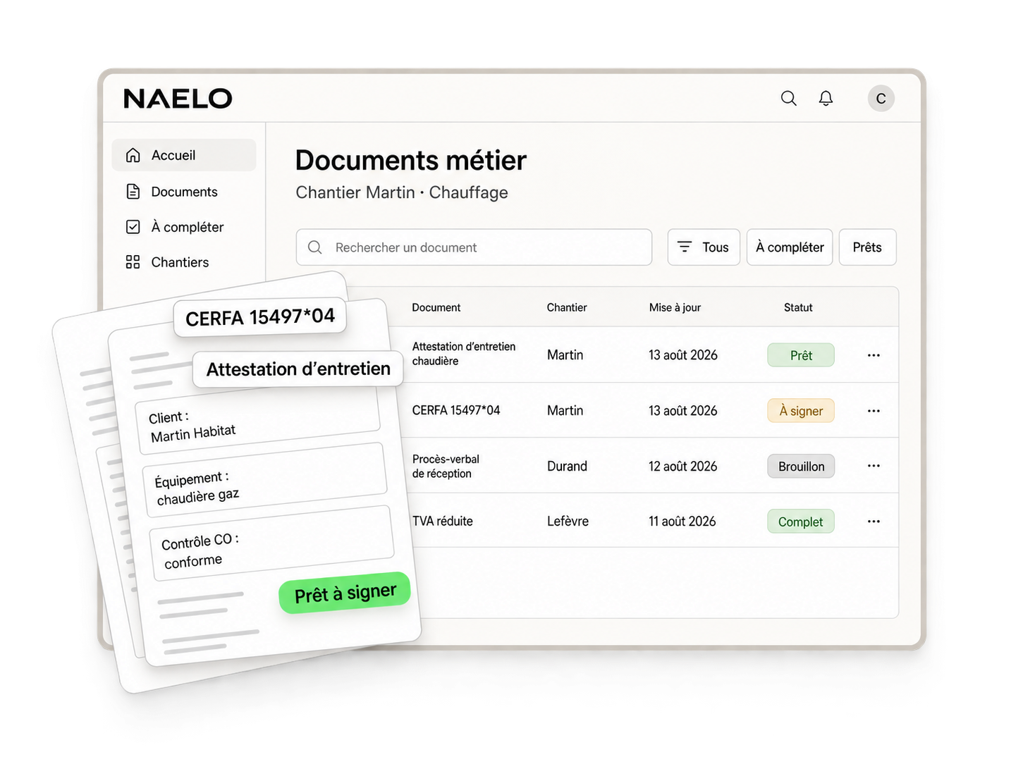 Illustration des documents métier, Cerfa et attestations dans Naelo