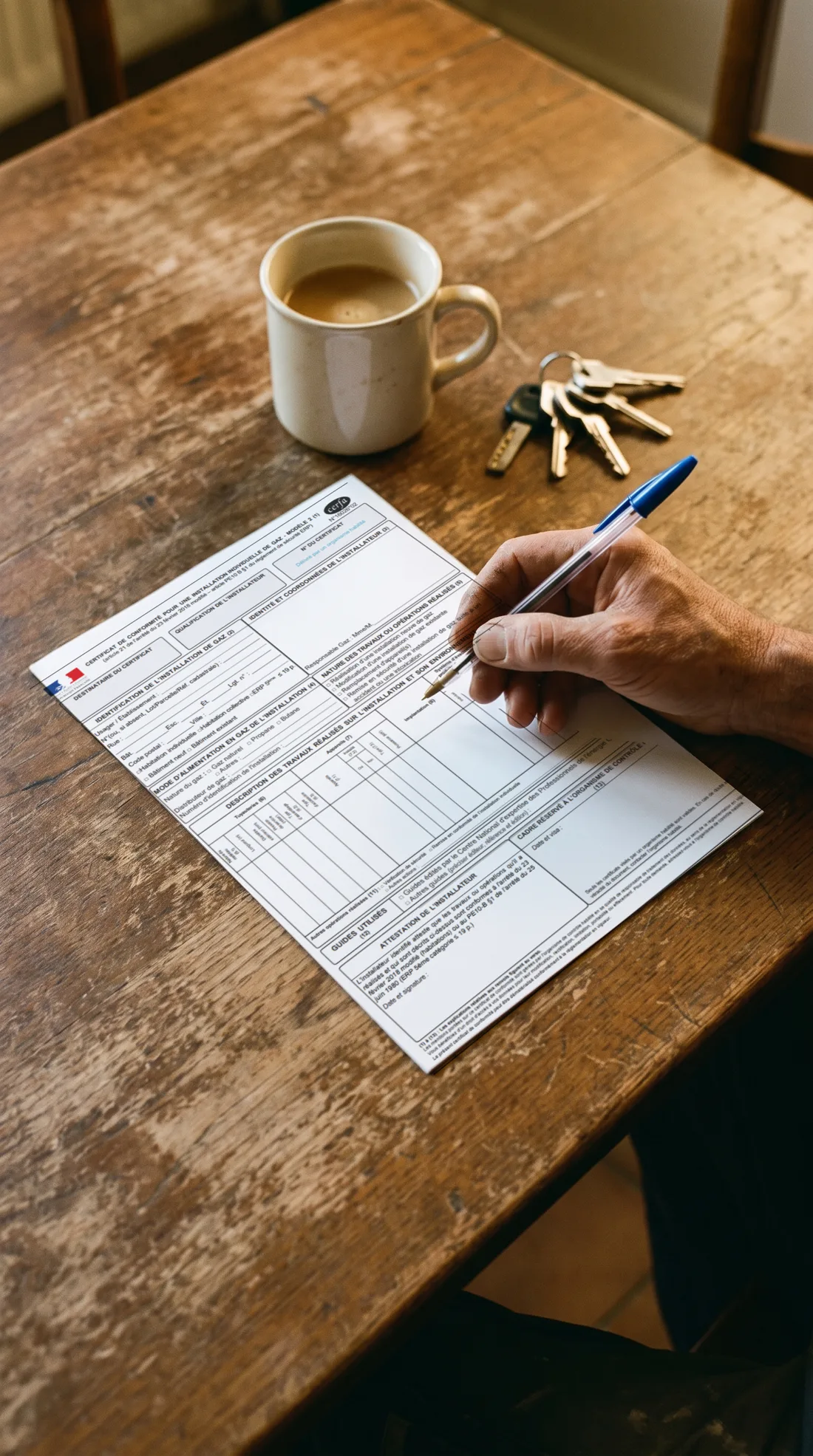 Plombier consultant un document de chantier dans une cuisine
